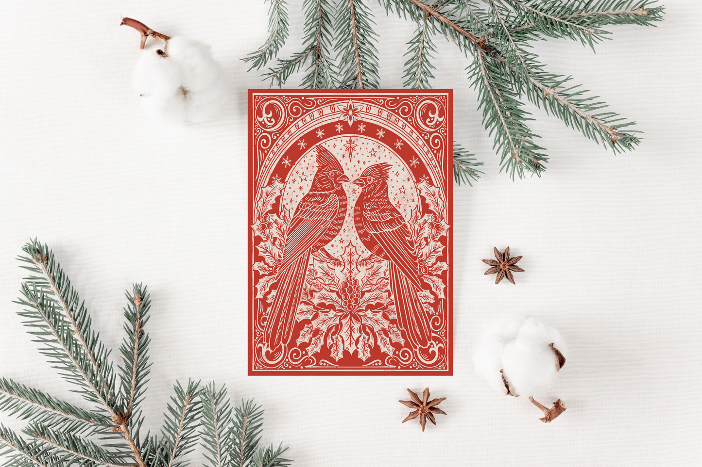 Red Cardinal Bird Christmas Greeting Card – Art Nouveau Block Print Bird Illustrated Holiday Card – Blank Inside – A2 Size