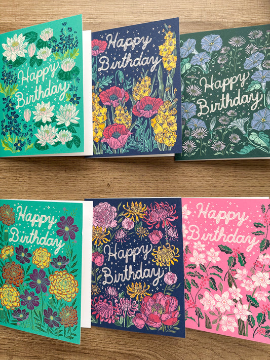 6 Birth Flower Birthday Greeting Cards Set # 2 - July - December Included