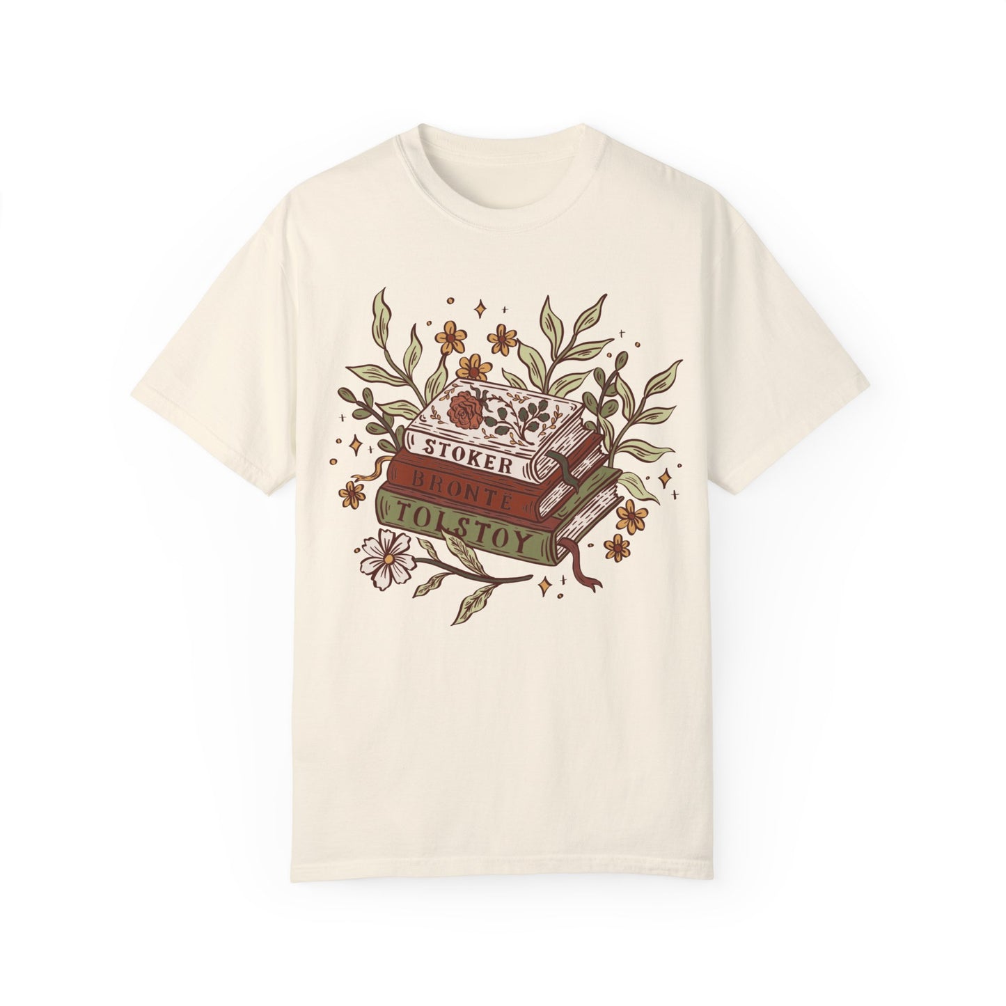 Floral Book Stack Unisex T-shirt - Muted Boho Color Palette, Classical Literature lovers Gift