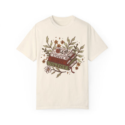 Floral Book Stack Unisex T-shirt - Muted Boho Color Palette, Classical Literature lovers Gift