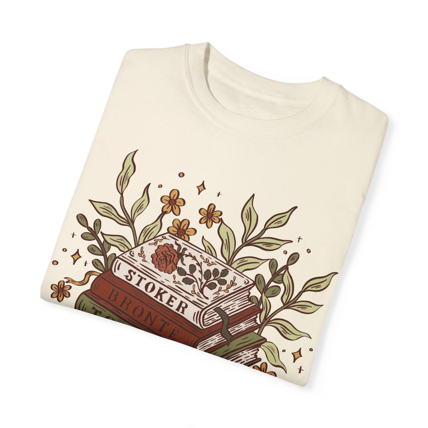 Floral Book Stack Unisex T-shirt - Muted Boho Color Palette, Classical Literature lovers Gift