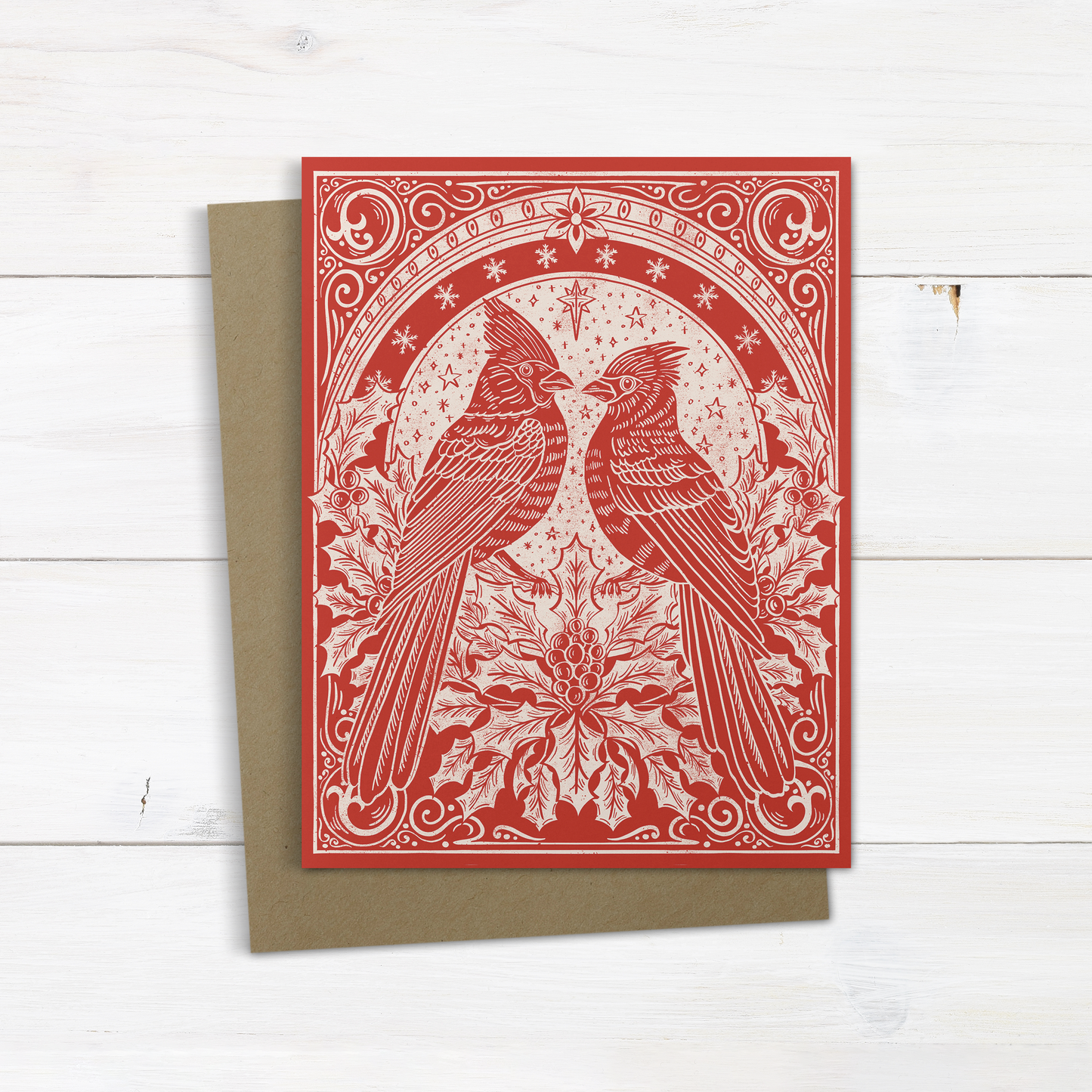 Red Cardinal Bird Christmas Greeting Card – Art Nouveau Block Print Bird Illustrated Holiday Card – Blank Inside – A2 Size