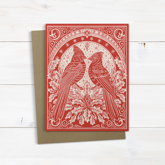 Red Cardinal Bird Christmas Greeting Card – Art Nouveau Block Print Bird Illustrated Holiday Card – Blank Inside – A2 Size
