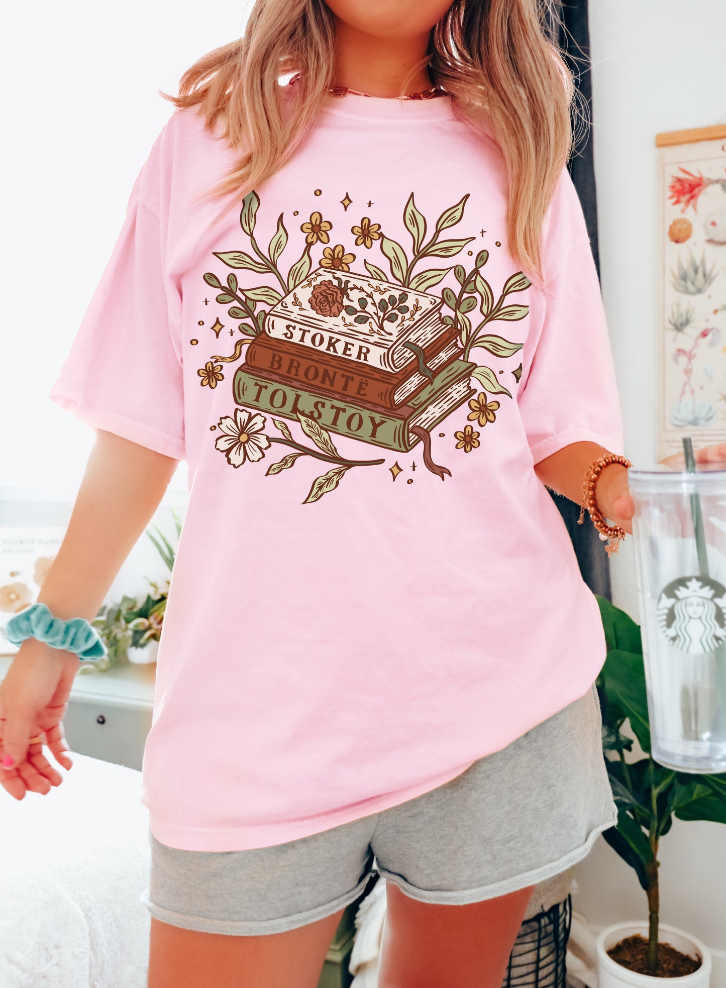 Floral Book Stack Unisex T-shirt - Muted Boho Color Palette, Classical Literature lovers Gift