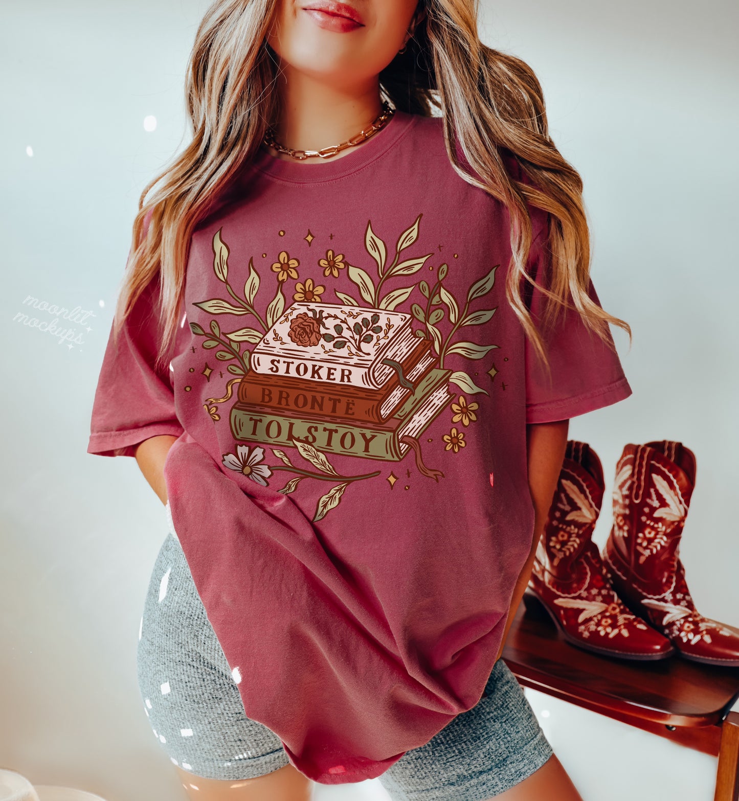 Floral Book Stack Unisex T-shirt - Muted Boho Color Palette, Classical Literature lovers Gift