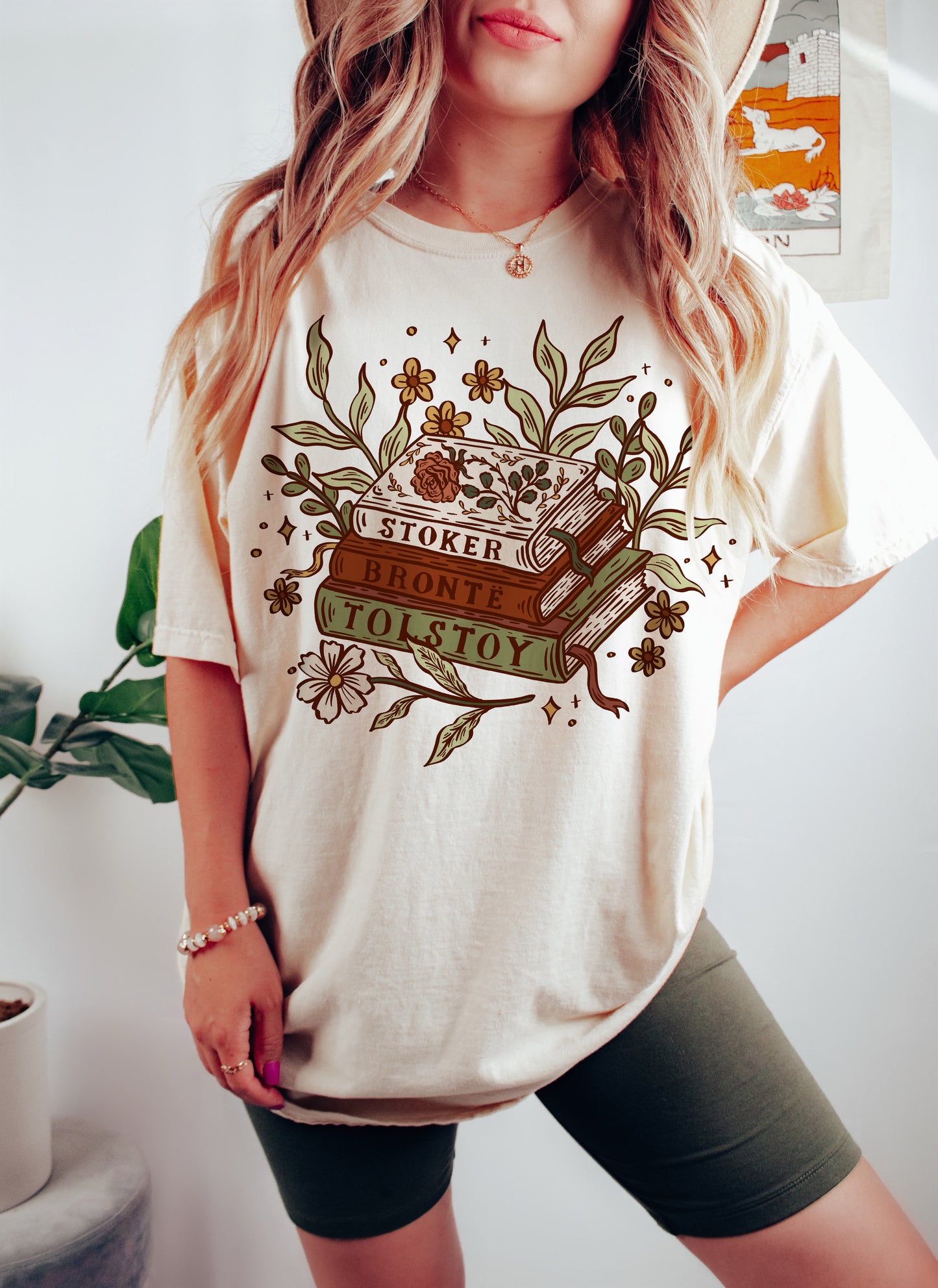 Floral Book Stack Unisex T-shirt - Muted Boho Color Palette, Classical Literature lovers Gift