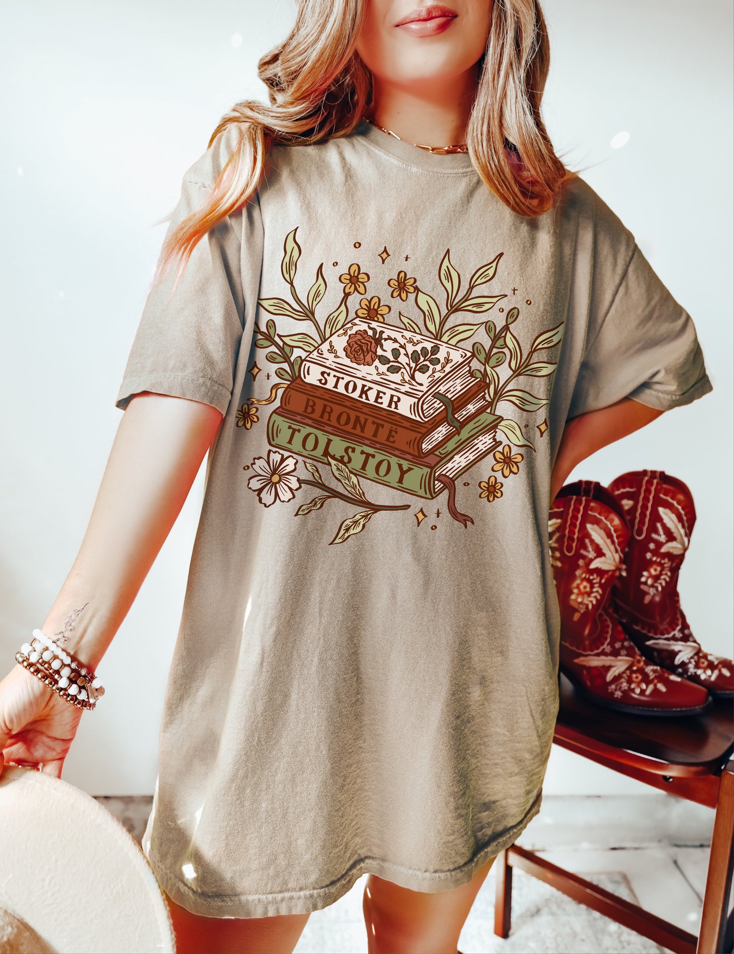 Floral Book Stack Unisex T-shirt - Muted Boho Color Palette, Classical Literature lovers Gift