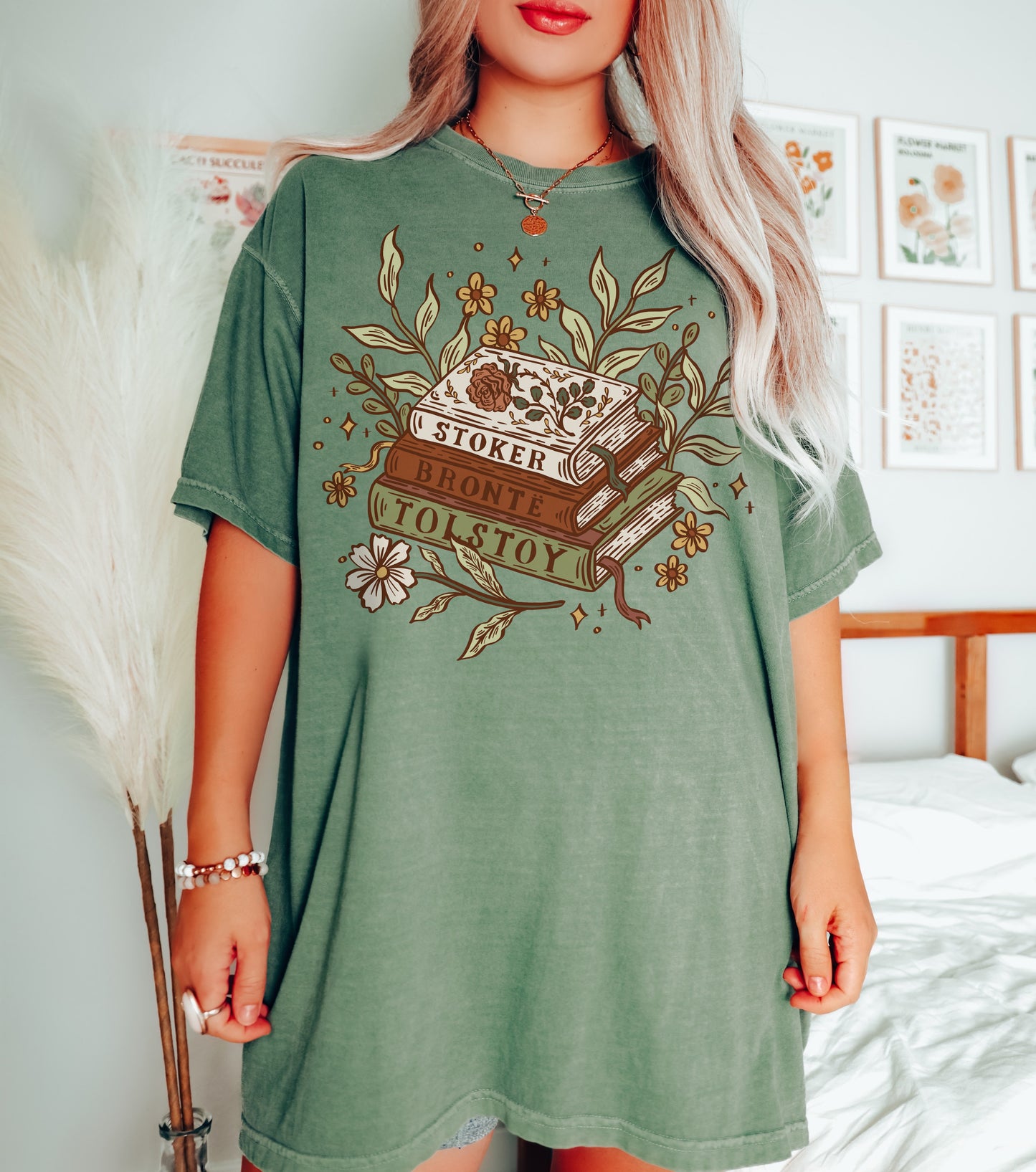 Floral Book Stack Unisex T-shirt - Muted Boho Color Palette, Classical Literature lovers Gift