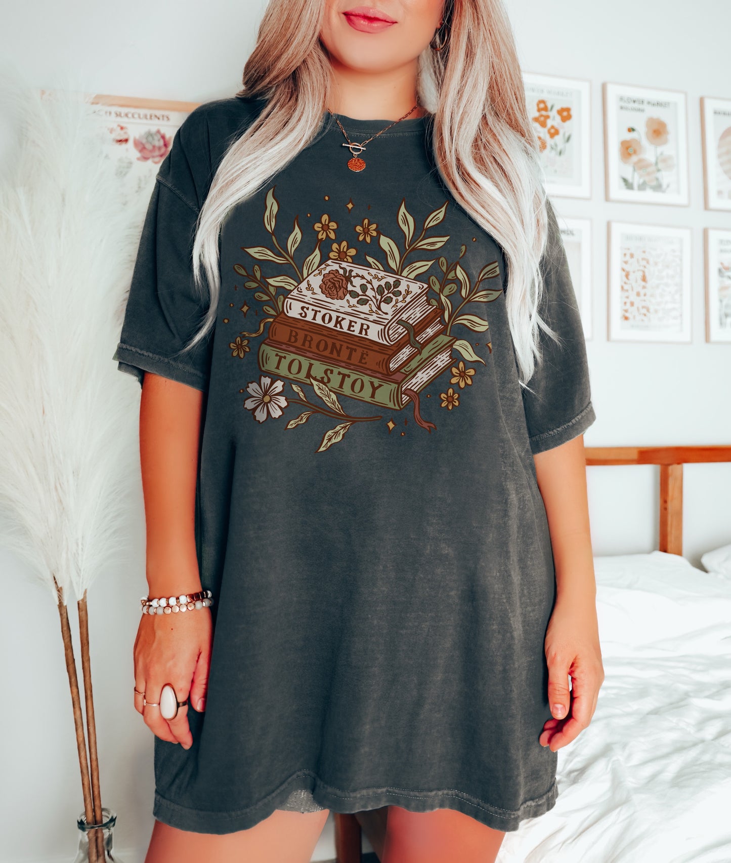 Floral Book Stack Unisex T-shirt - Muted Boho Color Palette, Classical Literature lovers Gift