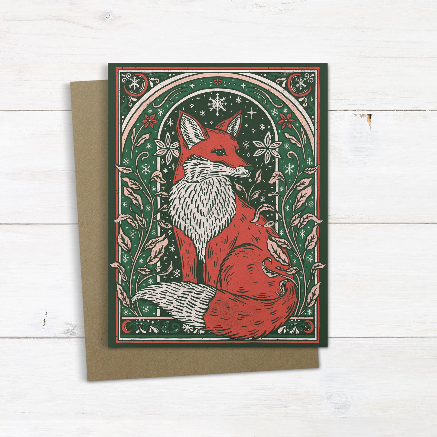 Woodland Fox Christmas Greeting Card – Art Nouveau Block Print Forest Animals Illustrated Holiday Card – Blank Inside – A2 Size