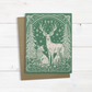 Green Forest Animal Christmas Greeting Card – Art Nouveau Block Print Forest Animals Illustrated Holiday Card – Blank Inside – A2 Size