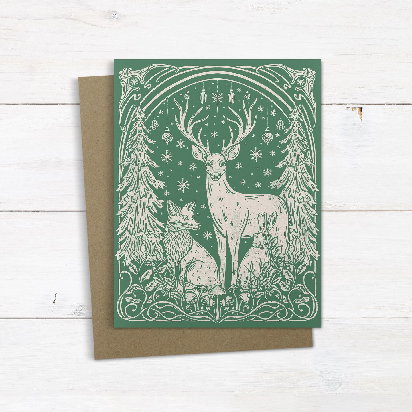 Green Forest Animal Christmas Greeting Card – Art Nouveau Block Print Forest Animals Illustrated Holiday Card – Blank Inside – A2 Size