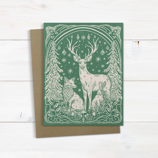 Green Forest Animal Christmas Greeting Card – Art Nouveau Block Print Forest Animals Illustrated Holiday Card – Blank Inside – A2 Size