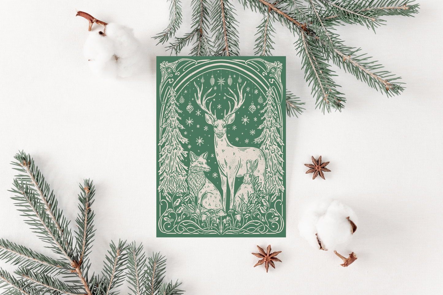 Green Forest Animal Christmas Greeting Card – Art Nouveau Block Print Forest Animals Illustrated Holiday Card – Blank Inside – A2 Size