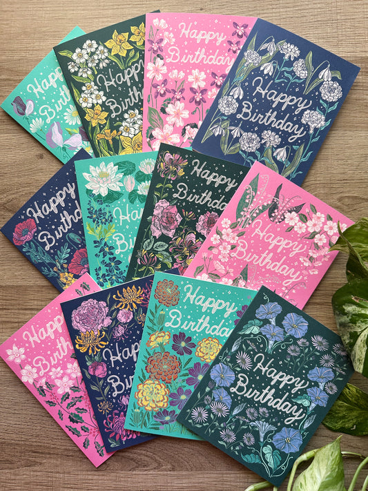 Set of 12 Birth Flower Birthday Greeting Cards - Each Month Included