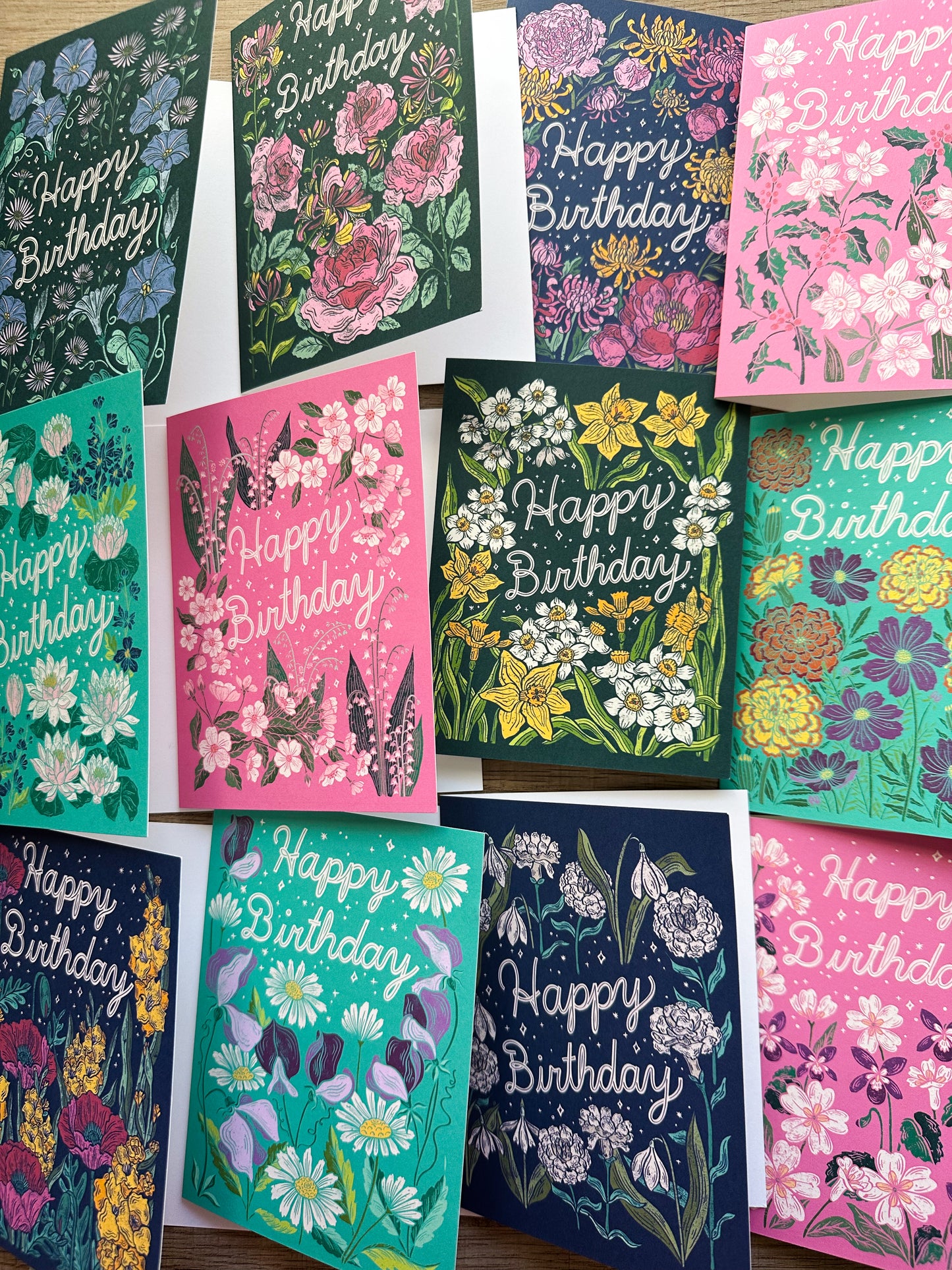 Set of 12 Birth Flower Birthday Greeting Cards - Each Month Included