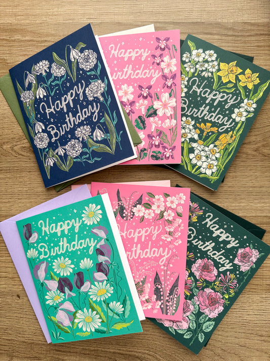 6 Birth Flower Birthday Greeting Cards Set # 1 - January - June Included