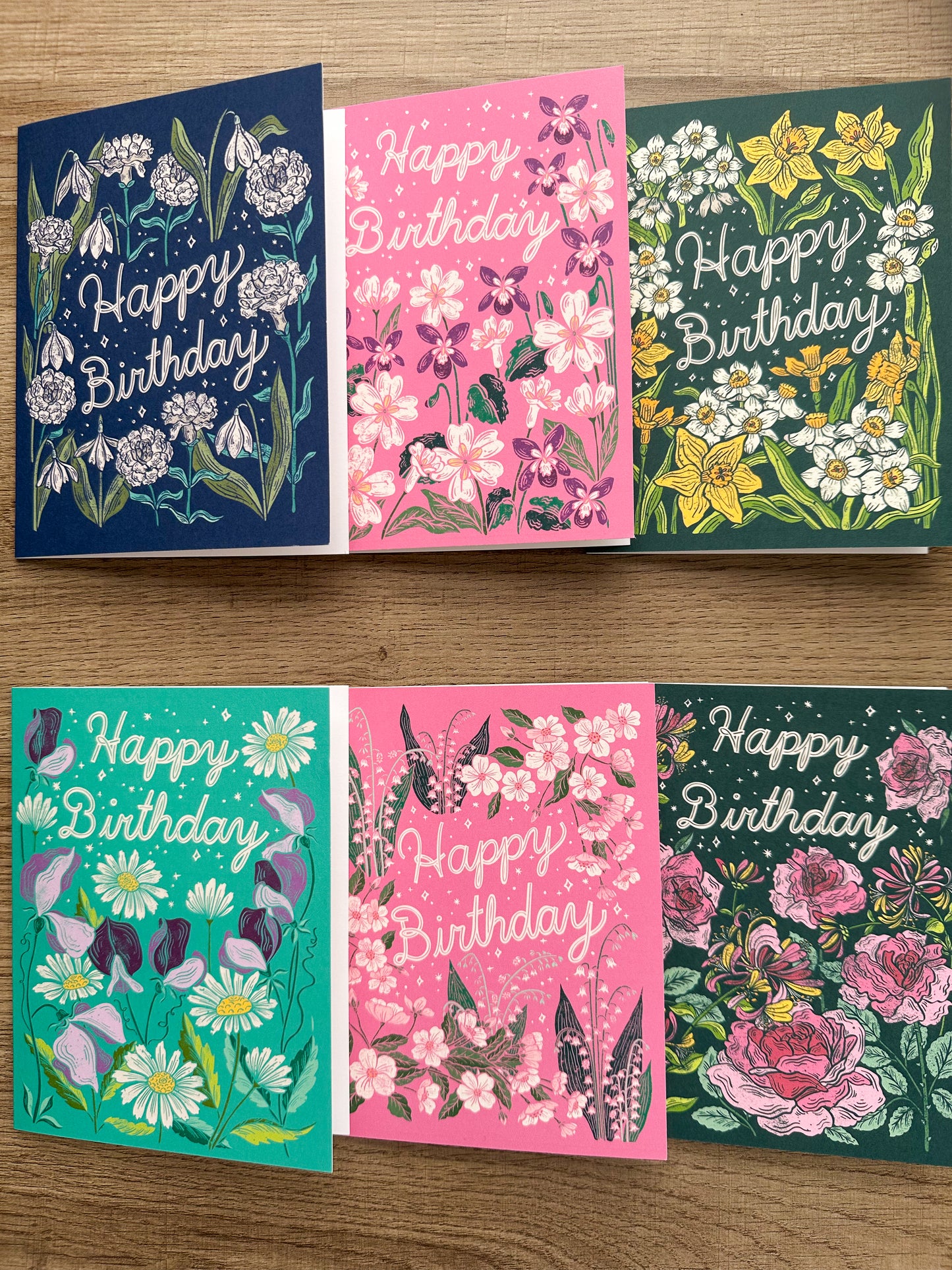 6 Birth Flower Birthday Greeting Cards Set # 1 - January - June Included