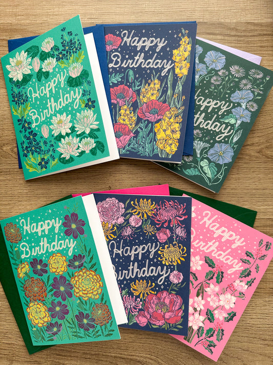 6 Birth Flower Birthday Greeting Cards Set # 2 - July - December Included